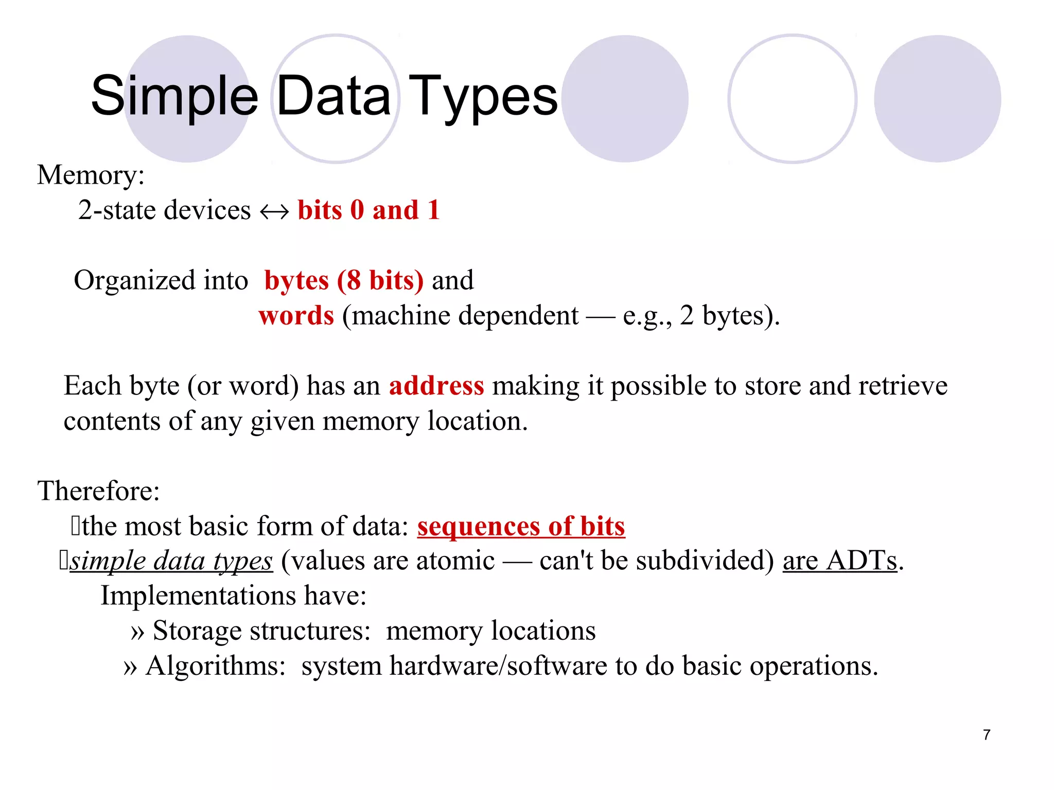 7
Simple Data Types
Memory:
2-state devices ↔ bits 0 and 1
Organized into bytes (8 bits) and
words (machine dependent — e.g., 2 bytes).
Each byte (or word) has an address making it possible to store and retrieve
contents of any given memory location.
Therefore:
the most basic form of data: sequences of bits
simple data types (values are atomic — can't be subdivided) are ADTs.
Implementations have:
» Storage structures: memory locations
» Algorithms: system hardware/software to do basic operations.
 