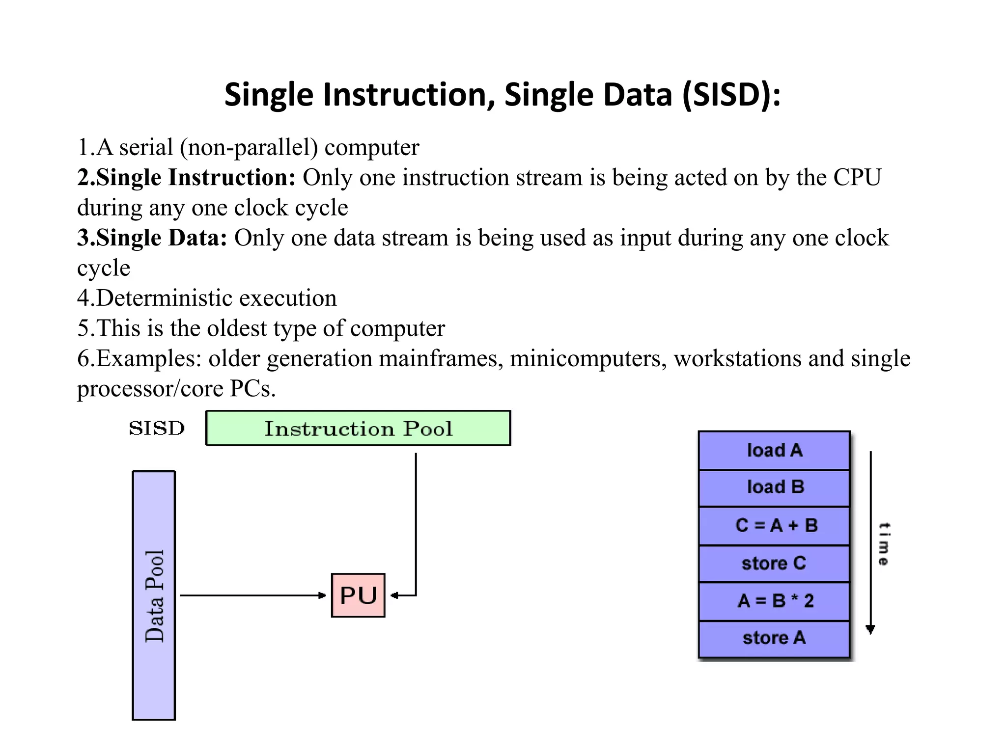 Single Instruction, Single Data (SISD): 1.A serial (non-parallel) computer 2.Single Instruction: Only one instruction stream is being acted on by the CPU during any one clock cycle 3.Single Data: Only one data stream is being used as input during any one clock cycle 4.Deterministic execution 5.This is the oldest type of computer 6.Examples: older generation mainframes, minicomputers, workstations and single processor/core PCs. 