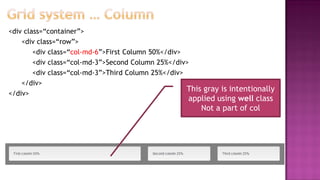 <div class=“container”>
<div class=“row”>
<div class=“col-md-6”>First Column 50%</div>
<div class=“col-md-3”>Second Column 25%</div>
<div class=“col-md-3”>Third Column 25%</div>
</div>
</div>
This gray is intentionally
applied using well class
Not a part of col
 