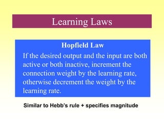Learning Laws
Hopfield Law
If the desired output and the input are both
active or both inactive, increment the
connection weight by the learning rate,
otherwise decrement the weight by the
learning rate.
Similar to Hebb’s rule + specifies magnitude
 