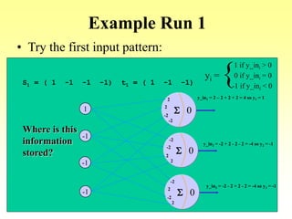 Example Run 1
• Try the first input pattern:
1
-1
-1
-1
0
2
-2
S
2
-2
0
-2
2
S
-2
2
0
2
-2
S
-2
2
yi =
1 if y_ini > 0
0 if y_ini = 0
-1 if y_ini < 0
{
y_in1 = 2 – 2 + 2 + 2 = 4 so y1 = 1
y_in2 = -2 + 2 - 2 - 2 = -4 so y2 = -1
y_in3 = -2 - 2 + 2 - 2 = -4 so y3 = -1
S1 = ( 1 -1 -1 -1) t1 = ( 1 -1 -1)
Where is this
information
stored?
 