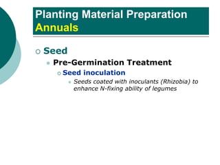 Planting Material Preparation
Annuals
 Seed
⚫ Pre-Germination Treatment
 Seed inoculation
⚫ Seeds coated with inoculants (Rhizobia) to
enhance N-fixing ability of legumes
 