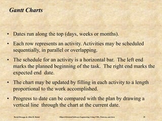 Bernd Bruegge & Allen H. Dutoit Object-Oriented Software Engineering: Using UML, Patterns, and Java 39
Gantt Charts
• Dates run along the top (days, weeks or months).
• Each row represents an activity. Activities may be scheduled
sequentially, in parallel or overlapping.
• The schedule for an activity is a horizontal bar. The left end
marks the planned beginning of the task. The right end marks the
expected end date.
• The chart may be updated by filling in each activity to a length
proportional to the work accomplished.
• Progress to date can be compared with the plan by drawing a
vertical line through the chart at the current date.
 