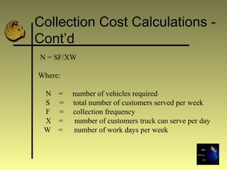 N = SF/XW
Where:
N = number of vehicles required
S = total number of customers served per week
F = collection frequency
X = number of customers truck can serve per day
W = number of work days per week
Collection Cost Calculations -
Cont’d
 