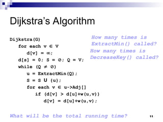 Dijkstra’s Algorithm
Dijkstra(G)
for each v  V
d[v] = ;
d[s] = 0; S = ; Q = V;
while (Q  )
u = ExtractMin(Q);
S = S U {u};
for each v  u->Adj[]
if (d[v] > d[u]+w(u,v))
d[v] = d[u]+w(u,v);
How many times is
ExtractMin() called?
How many times is
DecreaseKey() called?
What will be the total running time? 11
 