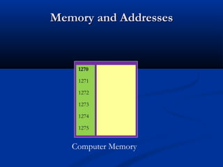 Memory and Addresses



    1270

    1271

    1272

    1273

    1274

    1275


   Computer Memory
 