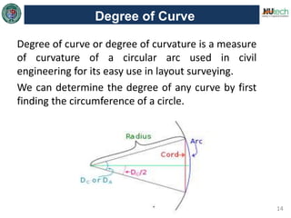 14
Degree of Curve
Degree of curve or degree of curvature is a measure
of curvature of a circular arc used in civil
engineering for its easy use in layout surveying.
We can determine the degree of any curve by first
finding the circumference of a circle.
 