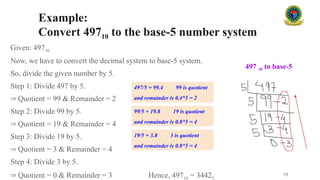 Example:
Convert 49710 to the base-5 number system
Given: 49710
Now, we have to convert the decimal system to base-5 system.
So, divide the given number by 5.
Step 1: Divide 497 by 5.
⇒ Quotient = 99 & Remainder = 2
Step 2: Divide 99 by 5.
⇒ Quotient = 19 & Remainder = 4
Step 3: Divide 19 by 5.
⇒ Quotient = 3 & Remainder = 4
Step 4: Divide 3 by 5.
⇒ Quotient = 0 & Remainder = 3 Hence, 49710 = 34425
19
497/5 = 99.4 99 is quotient
and remainder is 0.4*5 = 2
99/5 = 19.8 19 is quotient
and remainder is 0.8*5 = 4
19/5 = 3.8 3 is quotient
and remainder is 0.8*5 = 4
497 10 to base-5
 