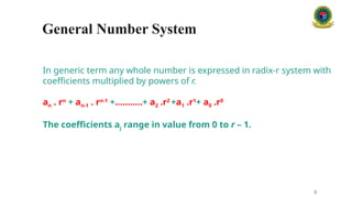 6
General Number System
In generic term any whole number is expressed in radix-r system with
coefficients multiplied by powers of r.
an . rn
+ an-1 . rn-1
+………..+ a2 .r2
+a1 .r1
+ a0 .r0
The coefficients aj range in value from 0 to r – 1.
 