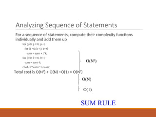 Analyzing Sequence of Statements
For a sequence of statements, compute their complexity functions
individually and add them up
for (j=0; j < N; j++)
for (k =0; k < j; k++)
sum = sum + j*k;
for (l=0; l < N; l++)
sum = sum -l;
cout<<“Sum=”<<sum;
Total cost is O(N2
) + O(N) +O(1) = O(N2
)
SUM RULE
O(N2
)
O(N)
O(1)
 
