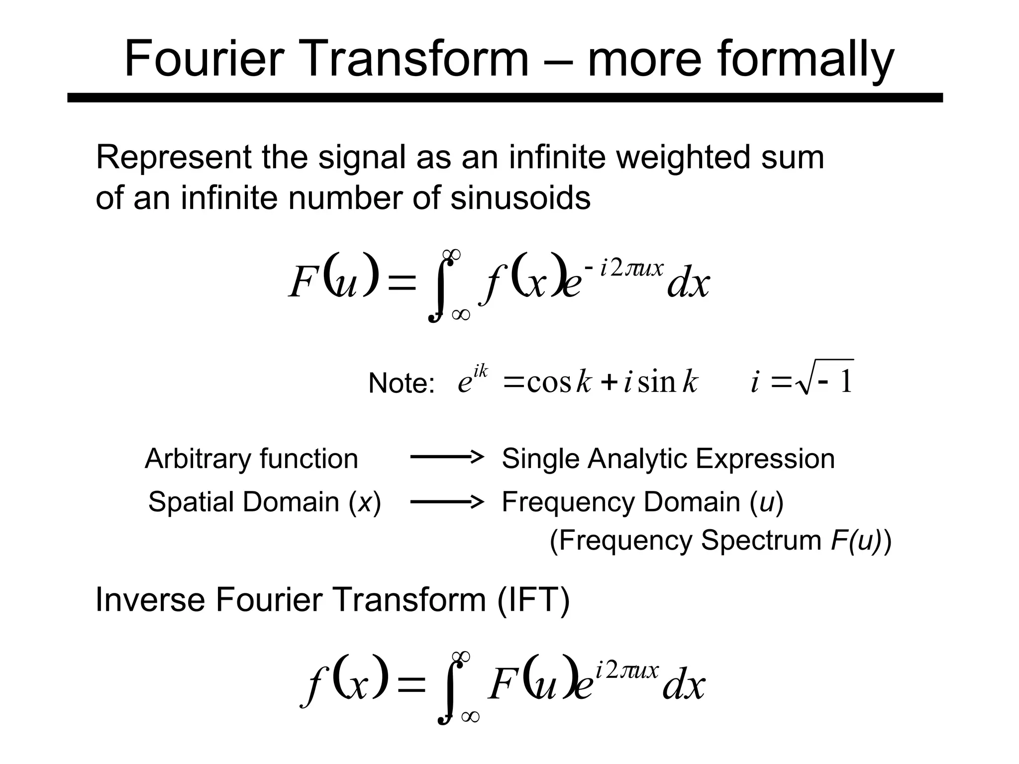 Fourier Transform – more formally
Arbitrary function Single Analytic Expression
Spatial Domain (x) Frequency Domain (u)
Represent the signal as an infinite weighted sum
of an infinite number of sinusoids
   





 dx
e
x
f
u
F ux
i 
2
(Frequency Spectrum F(u))
1
sin
cos 


 i
k
i
k
eik
Note:
Inverse Fourier Transform (IFT)
   




 dx
e
u
F
x
f ux
i 
2
 