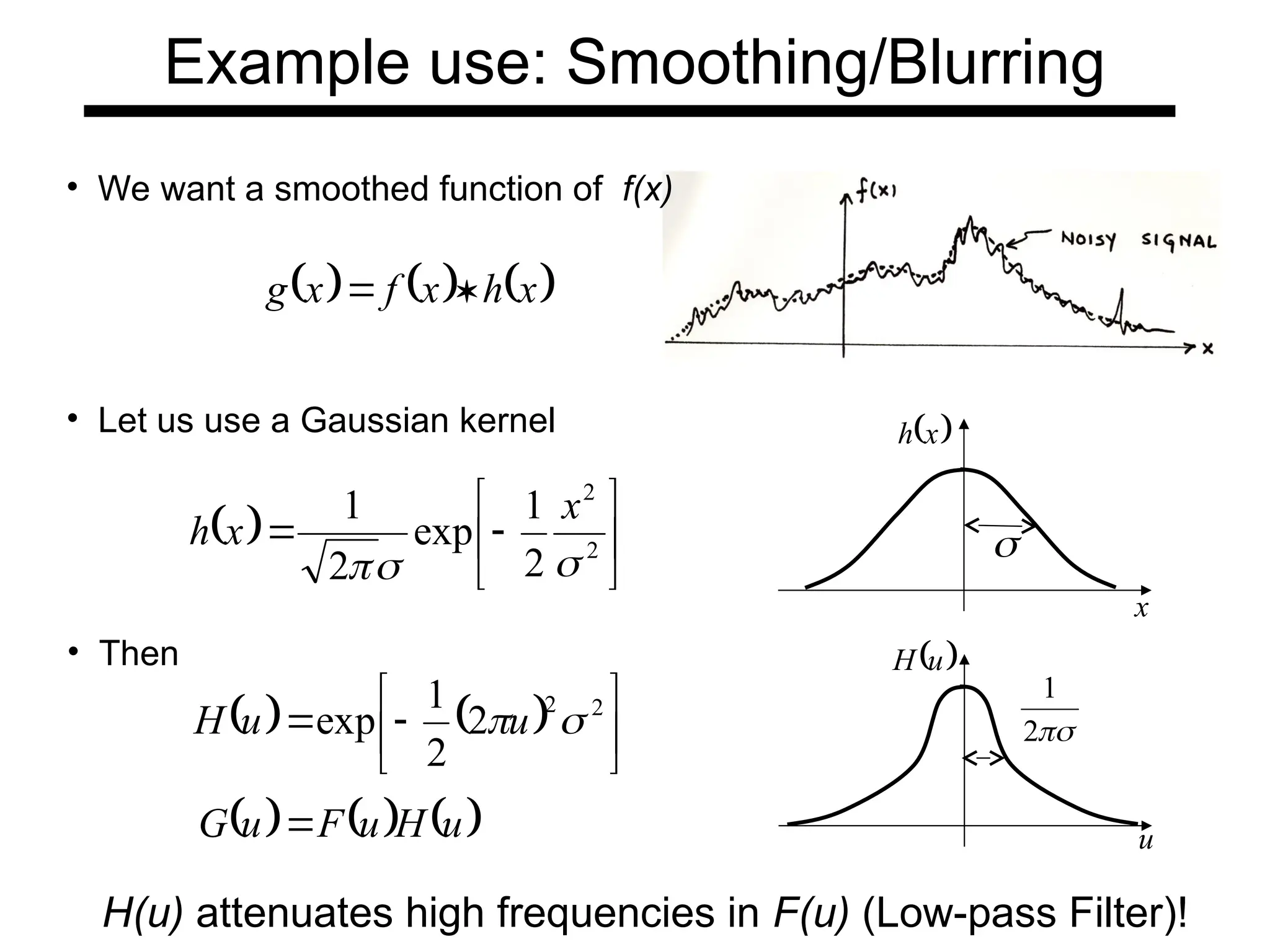 Example use: Smoothing/Blurring
• We want a smoothed function of f(x)
     
x
h
x
f
x
g 

H(u) attenuates high frequencies in F(u) (Low-pass Filter)!
• Then
    






 2
2
2
2
1
exp 
u
u
H
     
u
H
u
F
u
G 

2
1
u
 
u
H
  






 2
2
2
1
exp
2
1



x
x
h
• Let us use a Gaussian kernel

 
x
h
x
 