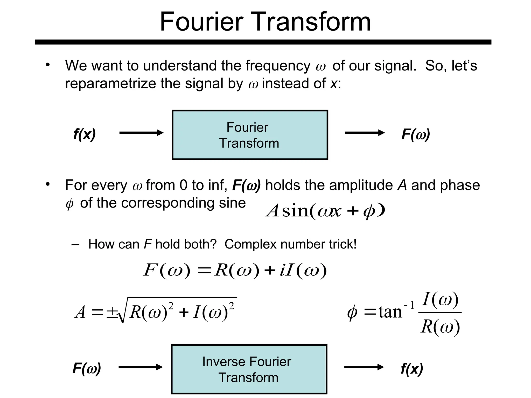 Fourier Transform
• We want to understand the frequency of our signal. So, let’s
reparametrize the signal by  instead of x:


x
Asin(
f(x) F()
Fourier
Transform
F() f(x)
Inverse Fourier
Transform
• For every  from 0 to inf, F() holds the amplitude A and phase
of the corresponding sine
– How can F hold both? Complex number trick!
)
(
)
(
)
( 

 iI
R
F 

2
2
)
(
)
( 
 I
R
A 


)
(
)
(
tan 1



R
I


 