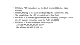 Stack Working 8086 Small register work of 8085 and whole assaembly code | PDF
