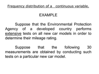 Frequency distribution of a continuous variable.
EXAMPLE
Suppose that the Environmental Protection
Agency of a developed country performs
extensive tests on all new car models in order to
determine their mileage rating.
Suppose that the following 30
measurements are obtained by conducting such
tests on a particular new car model.
 