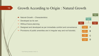 Growth According to Origin : Natural Growth
 Natural Growth – Characteristics:
 Developed as its own
 Without future planning
 Designed and developed as per immediate comfort and convenience
 Provisions of public amenities are in irregular way and not futuristic.
Town Planning, Semester-IV, DDU, CL
19
A
B
C
D
 