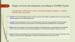 Stages of town development according to Griffith Taylor
 Infantile: this is the first stage of town in which a city is not yet divided in separate zones. Or the city in which
zoning regulations is not being prepared yet.
 Juvenile: the juvenile stage of town or city indicates that, shops are being separated from the houses or
residential area and there are some factories or an industry has been established at a minimal level.
 Mature: the mature stage of town shows the divisions of residential zone, commercial zone and industrial
zone in the city. Or the land use and zoning regulations in town shows the stage of mature city / town.
 Senile: Finally the senile stage of town indicates the physical decay in most of the portions of the city. Or the
physical, social & economic degradation is evident in the built environment of town or city.
Town Planning, Semester-IV, DDU, CL
37
According to Mr. Griffith Taylor a town or city passes through four stages, i.e. Infantile,
Juvenile, Mature and senile.
 