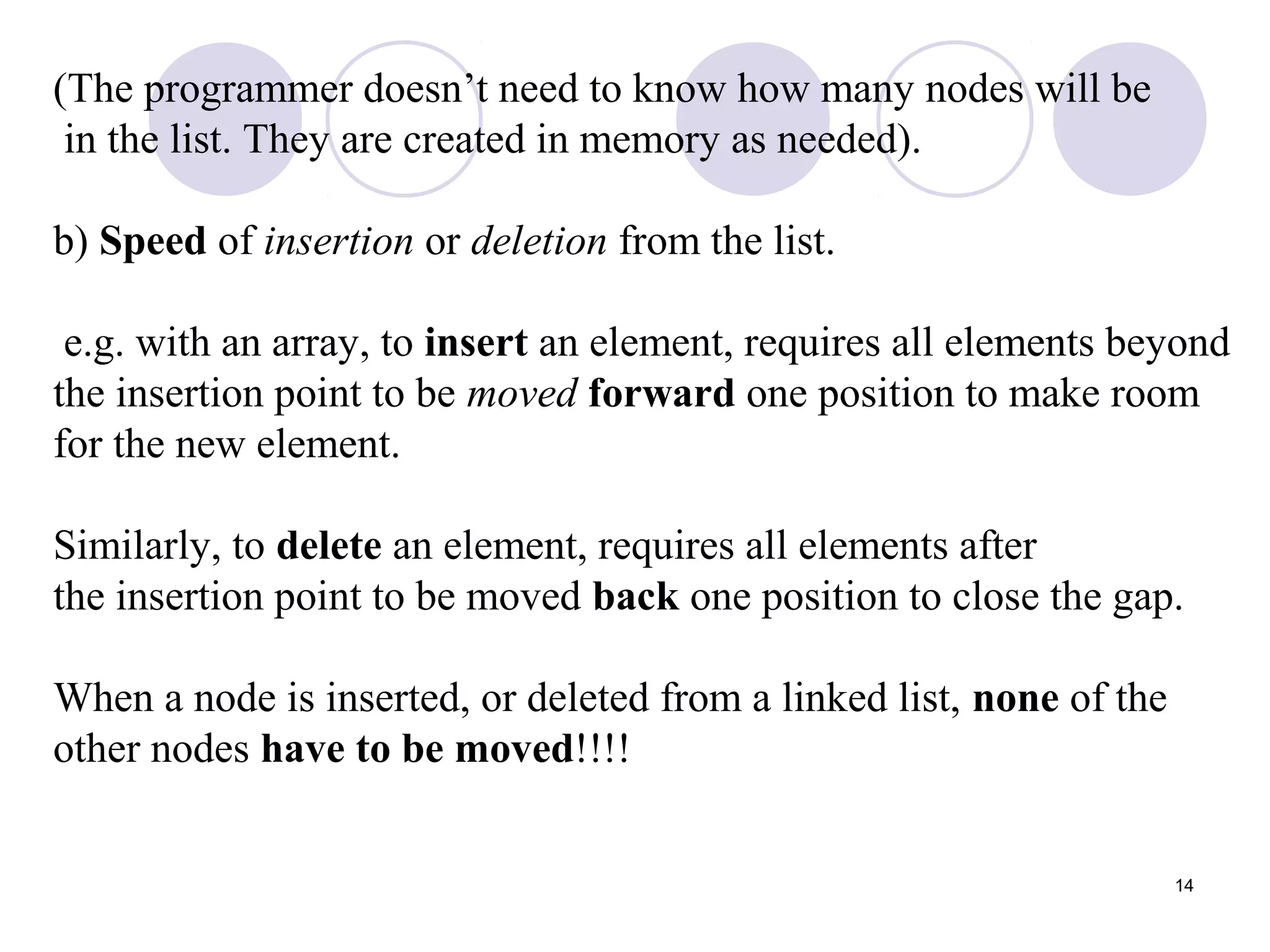 14
(The programmer doesn’t need to know how many nodes will be
in the list. They are created in memory as needed).
b) Speed of insertion or deletion from the list.
e.g. with an array, to insert an element, requires all elements beyond
the insertion point to be moved forward one position to make room
for the new element.
Similarly, to delete an element, requires all elements after
the insertion point to be moved back one position to close the gap.
When a node is inserted, or deleted from a linked list, none of the
other nodes have to be moved!!!!
 