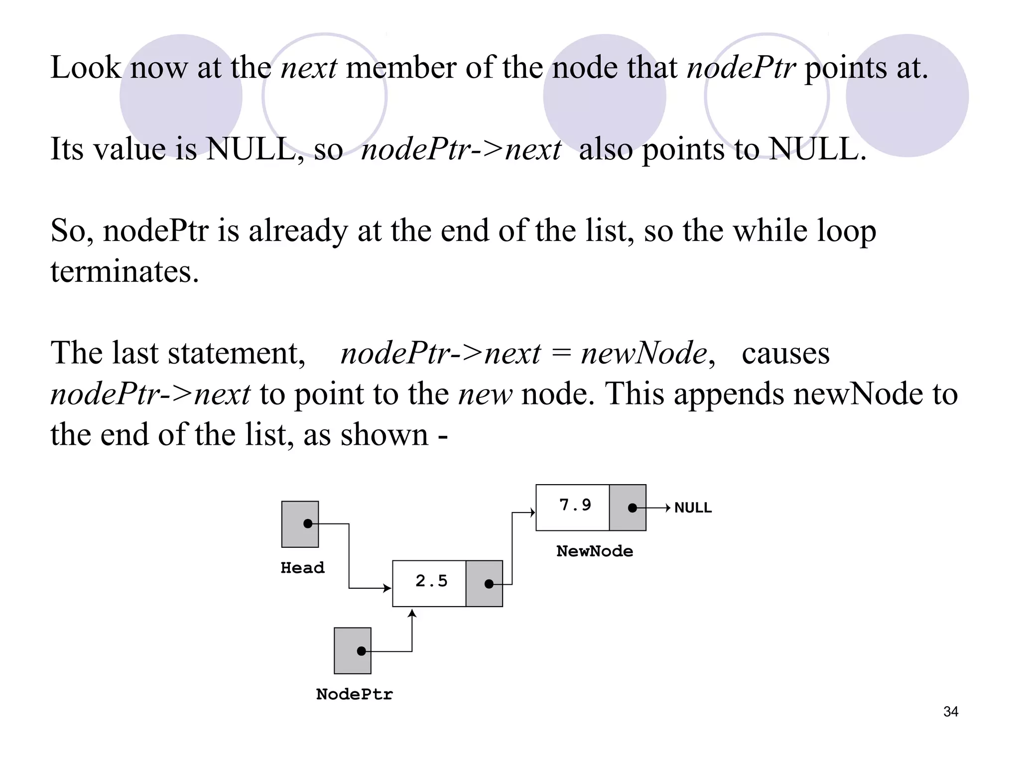 34
Look now at the next member of the node that nodePtr points at.
Its value is NULL, so nodePtr->next also points to NULL.
So, nodePtr is already at the end of the list, so the while loop
terminates.
The last statement, nodePtr->next = newNode, causes
nodePtr->next to point to the new node. This appends newNode to
the end of the list, as shown -
 