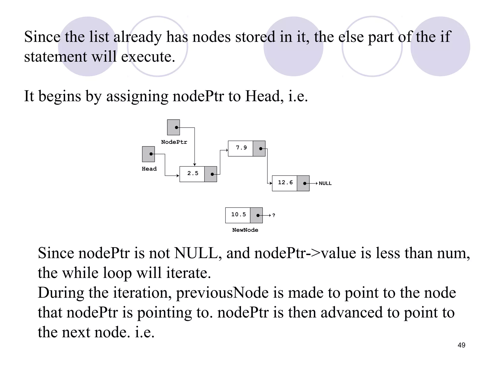 49
Since the list already has nodes stored in it, the else part of the if
statement will execute.
It begins by assigning nodePtr to Head, i.e.
Since nodePtr is not NULL, and nodePtr->value is less than num,
the while loop will iterate.
During the iteration, previousNode is made to point to the node
that nodePtr is pointing to. nodePtr is then advanced to point to
the next node. i.e.
 