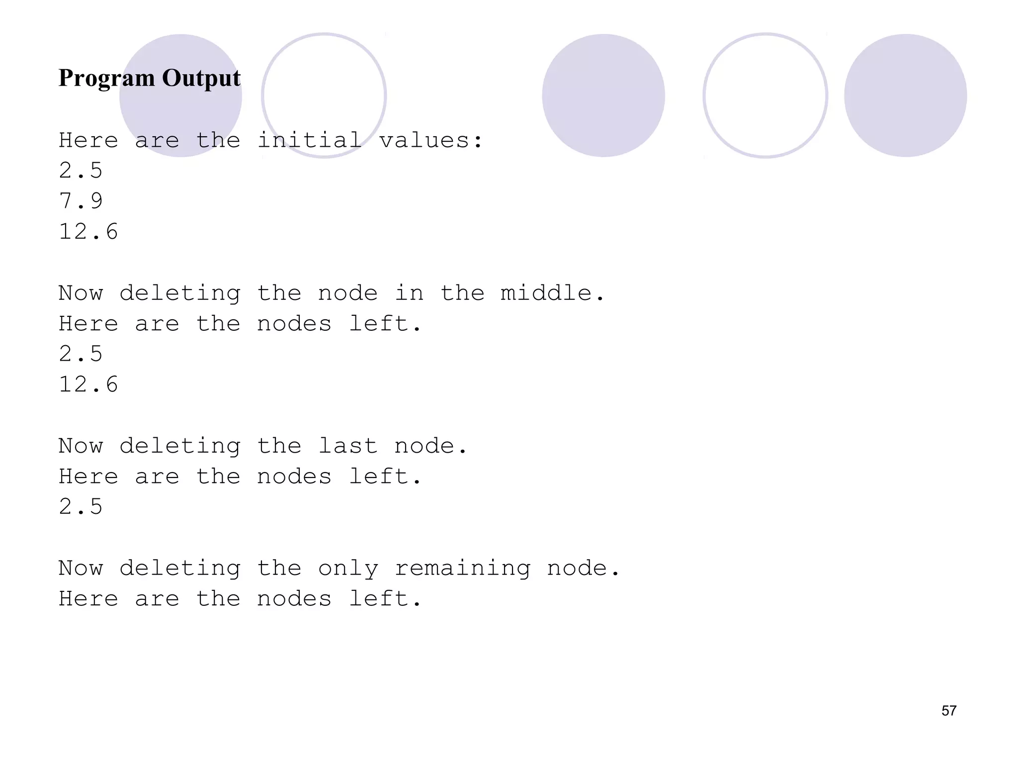 57
Program Output
Here are the initial values:
2.5
7.9
12.6
Now deleting the node in the middle.
Here are the nodes left.
2.5
12.6
Now deleting the last node.
Here are the nodes left.
2.5
Now deleting the only remaining node.
Here are the nodes left.
 