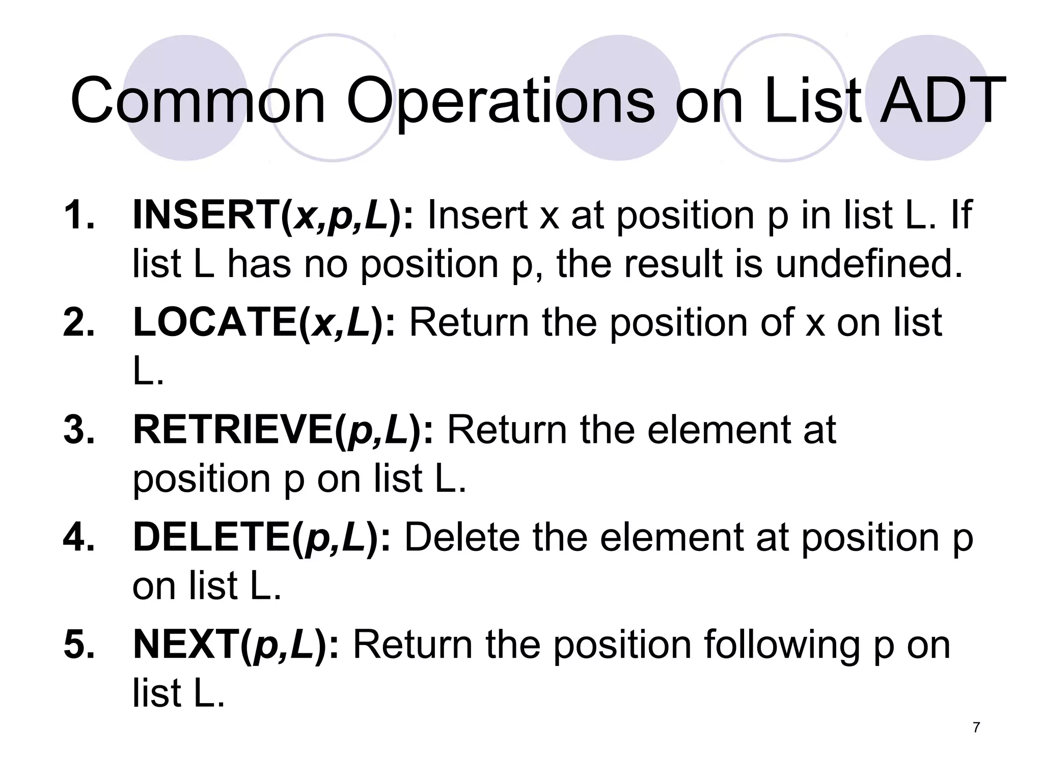 7
Common Operations on List ADT
1. INSERT(x,p,L): Insert x at position p in list L. If
list L has no position p, the result is undefined.
2. LOCATE(x,L): Return the position of x on list
L.
3. RETRIEVE(p,L): Return the element at
position p on list L.
4. DELETE(p,L): Delete the element at position p
on list L.
5. NEXT(p,L): Return the position following p on
list L.
 