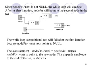 36
Since nodePtr->next is not NULL, the while loop will execute.
After its first iteration, nodePtr will point to the second node in the
list.
The while loop’s conditional test will fail after the first iteration
because nodePtr->next now points to NULL.
The last statement nodePtr->next = newNode causes
nodePtr->next to point to the new node. This appends newNode
to the end of the list, as shown -
 