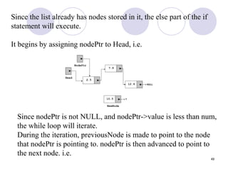 49
Since the list already has nodes stored in it, the else part of the if
statement will execute.
It begins by assigning nodePtr to Head, i.e.
Since nodePtr is not NULL, and nodePtr->value is less than num,
the while loop will iterate.
During the iteration, previousNode is made to point to the node
that nodePtr is pointing to. nodePtr is then advanced to point to
the next node. i.e.
 