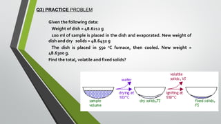 Q3) PRACTICE PROBLEM
Given the following data:
Weight of dish = 48.6212 g
100 ml of sample is placed in the dish and evaporated. New weight of
dish and dry solids = 48.6432 g
The dish is placed in 550 o
C furnace, then cooled. New weight =
48.6300 g.
Find the total, volatile and fixed solids?
 
