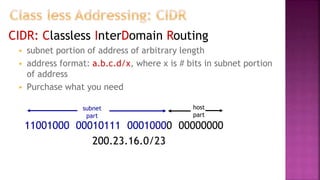 CIDR: Classless InterDomain Routing
 subnet portion of address of arbitrary length
 address format: a.b.c.d/x, where x is # bits in subnet portion
of address
 Purchase what you need
11001000 00010111 00010000 00000000
subnet
part
host
part
200.23.16.0/23
 