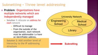 Subnetting
 Problem: Organizations have
multiple networks which are
independently managed
 Solution 1: Allocate an address for
each network
 Difficult to manage
 From the outside of the
organization, each network
must be addressable i.e have
an identifiable address.
 Solution 2: Add another level of
hierarchy to the IP addressing
structure
University Network
Medical
School
Library
Engineering
School
 