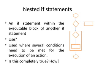 Nested if statements
• An if statement within the
executable block of another if
statement
• Use?
• Used where several conditions
need to be met for the
execution of an action.
• Is this completely true? How?
 
