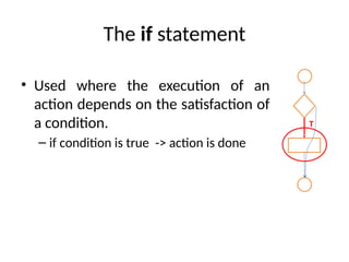 The if statement
• Used where the execution of an
action depends on the satisfaction of
a condition.
– if condition is true -> action is done
T
 