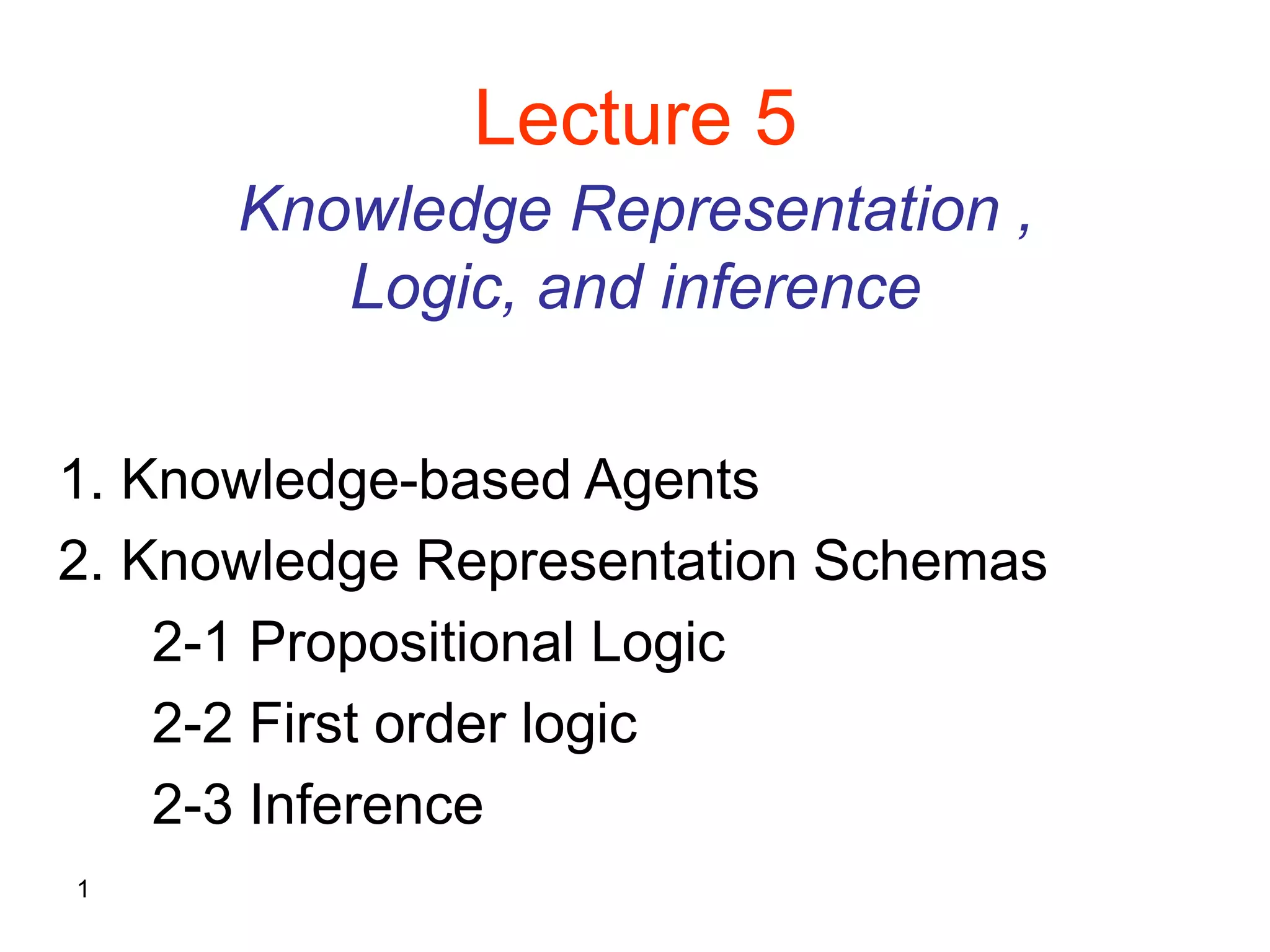 1
Lecture 5
Knowledge Representation ,
Logic, and inference
1. Knowledge-based Agents
2. Knowledge Representation Schemas
2-1 Propositional Logic
2-2 First order logic
2-3 Inference
 