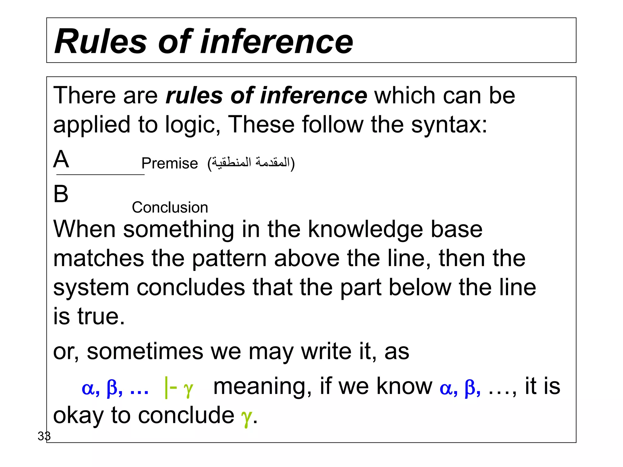 33
Rules of inference
There are rules of inference which can be
applied to logic, These follow the syntax:
A
B
When something in the knowledge base
matches the pattern above the line, then the
system concludes that the part below the line
is true.
or, sometimes we may write it, as
, , … |-  meaning, if we know , , …, it is
okay to conclude .
(‫المنطقية‬ ‫المقدمة‬)Premise
Conclusion
 