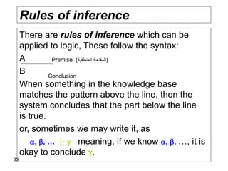 33
Rules of inference
There are rules of inference which can be
applied to logic, These follow the syntax:
A
B
When something in the knowledge base
matches the pattern above the line, then the
system concludes that the part below the line
is true.
or, sometimes we may write it, as
, , … |-  meaning, if we know , , …, it is
okay to conclude .
(‫المنطقية‬ ‫المقدمة‬)Premise
Conclusion
 