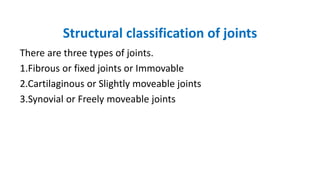Structural classification of joints
There are three types of joints.
1.Fibrous or fixed joints or Immovable
2.Cartilaginous or Slightly moveable joints
3.Synovial or Freely moveable joints
 
