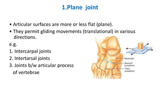 1.Plane joint
• Articular surfaces are more or less flat (plane).
• They permit gliding movements (translational) in various
directions.
e.g.
1. Intercarpal joints
2. Intertarsal joints
3. Joints b/w articular process
of vertebrae
 
