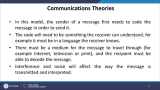 Communications Theories
• In this model, the sender of a message first needs to code the
message in order to send it.
• The code will need to be something the receiver can understand, for
example it must be in a language the receiver knows.
• There must be a medium for the message to travel through (for
example Internet, television or print), and the recipient must be
able to decode the message.
• Interference and noise will affect the way the message is
transmitted and interpreted.
11
 