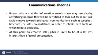 Communications Theories
• Buyers who are at the information search stage may use display
advertising because they will be sensitized to look out for it, but will
rapidly move toward seeking out communications such as websites,
brochures or sales presentations in order to obtain hard facts on
which to base decisions.
• At this point an emotive sales pitch is likely to be of a lot less
interest than a factual presentation.
20
 