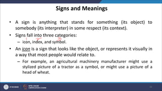 Signs and Meanings
• A sign is anything that stands for something (its object) to
somebody (its interpreter) in some respect (its context).
• Signs fall into three categories:
– icon, index, and symbol.
• An icon is a sign that looks like the object, or represents it visually in
a way that most people would relate to.
– For example, an agricultural machinery manufacturer might use a
stylized picture of a tractor as a symbol, or might use a picture of a
head of wheat.
21
 