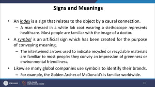 Signs and Meanings
• An index is a sign that relates to the object by a causal connection.
– A man dressed in a white lab coat wearing a stethoscope represents
healthcare. Most people are familiar with the image of a doctor.
• A symbol is an artificial sign which has been created for the purpose
of conveying meaning.
– The intertwined arrows used to indicate recycled or recyclable materials
are familiar to most people: they convey an impression of greenness or
environmental friendliness.
• Likewise many global companies use symbols to identify their brands.
– For example, the Golden Arches of McDonald’s is familiar worldwide.
22
 