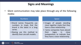 Signs and Meanings
• Silent communication may take place through any of the following
media:
24
Numbers
• Brand names frequently use
numbers to imply that the
brand is the latest in a long
series.
• Boeing use this method to
identify their aircraft models.
Space
• Images of people standing
close together imply that they
have a close relationship.
• Some companies have placed
their logos in close
juxtaposition to indicate that
they have a close relationship.
 
