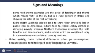 Signs and Meanings
– Some well-known examples are the circle of forefinger and thumb
which means “OK” in the US but is a rude gesture in Brazil; and
showing the soles of the feet in Thailand.
– More subtly, Japanese people tend to show their emotions less in
public than do Americans, Indians tend to regard shabby clothes as
denoting poverty whereas Northern Europeans associate this with
freedom and independence, and numbers which are considered lucky
in some cultures are considered unlucky in others.
• Unfortunately, these cultural differences often go unrecognized
because people tend to regard body language as universal.
27
 