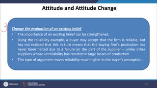 Attitude and Attitude Change
34
Change the evaluation of an existing belief
• The importance of an existing belief can be strengthened.
• Using the reliability example, a buyer may accept that the firm is reliable, but
has not realized that this in turn means that the buying firm’s production has
never been halted due to a failure on the part of the supplier – unlike other
suppliers whose unreliability has resulted in large losses of production.
• This type of argument moves reliability much higher in the buyer’s perception.
 
