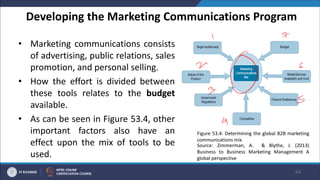 Developing the Marketing Communications Program
• Marketing communications consists
of advertising, public relations, sales
promotion, and personal selling.
• How the effort is divided between
these tools relates to the budget
available.
• As can be seen in Figure 53.4, other
important factors also have an
effect upon the mix of tools to be
used.
54
Figure 53.4: Determining the global B2B marketing
communications mix
Source: Zimmerman, A. & Blythe, J. (2013)
Business to Business Marketing Management A
global perspective
 