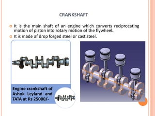 CRANKSHAFT
 It is the main shaft of an engine which converts reciprocating
motion of piston into rotary motion of the flywheel.
 It is made of drop forged steel or cast steel.
Engine crankshaft of
Ashok Leyland and
TATA at Rs 25000/-
 