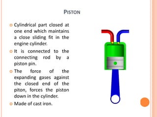 PISTON
 Cylindrical part closed at
one end which maintains
a close sliding fit in the
engine cylinder.
 It is connected to the
connecting rod by a
piston pin.
 The force of the
expanding gases against
the closed end of the
piton, forces the piston
down in the cylinder.
 Made of cast iron.
 