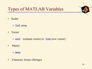 Types of MATLAB Variables
• Scalar
array
• Vector
(column vector) or (row vector)
• Matrix
• Character Arrays (Strings)
10
 