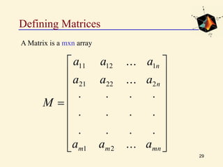 Defining Matrices
29
A Matrix is a mxn array



















mnmm
n
n
aaa
aaa
aaa
M
...
.
.
.
.
.
.
.
.
.
.
.
.
...
...
21
22221
11211
 